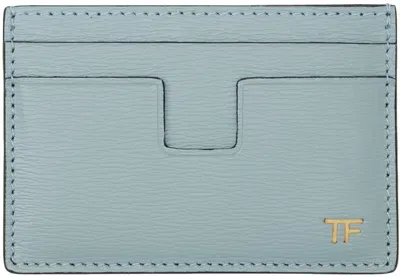 Tom Ford Blue Horizontal Grained Leather T Line Card Holder In Sky Blue