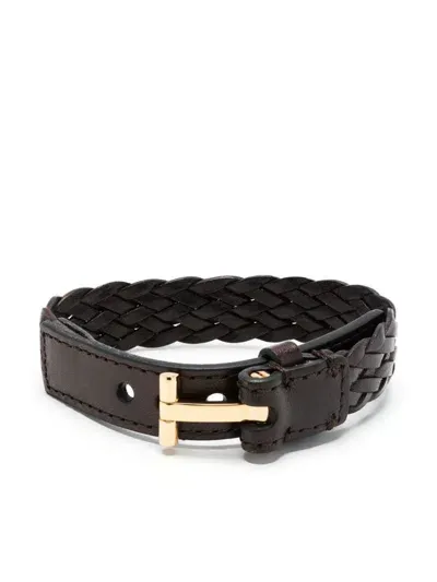 Tom Ford Braided Leather T-lock Bracelet In Brown