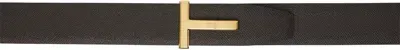 Tom Ford Brown & Black Small Grain Leather T Icon Reversible Belt In Chocolate + Black