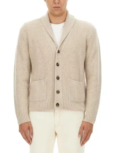 Tom Ford Shawl-collar Ribbed Cashmere And Silk-blend Cardigan In Beige