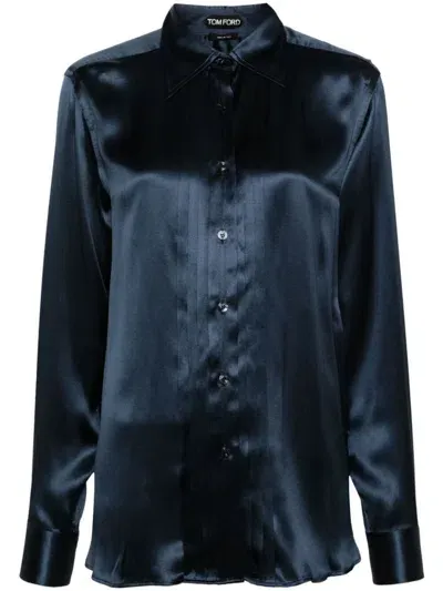 Tom Ford Pintuck-detail Silk Shirt In Blue