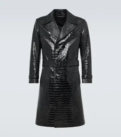 Tom Ford Double-breasted Croc-effect Leather Trench Coat In Black