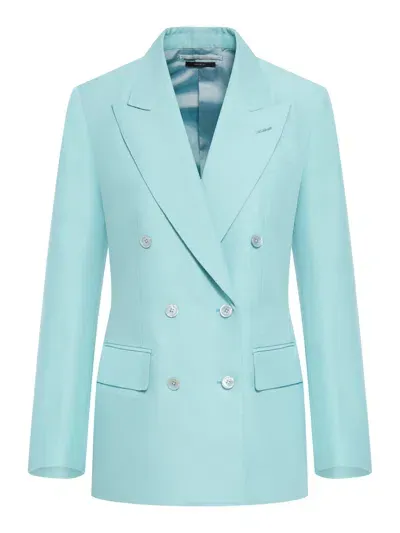 Tom Ford Double-breasted Wool Blazer Jacket In Blue