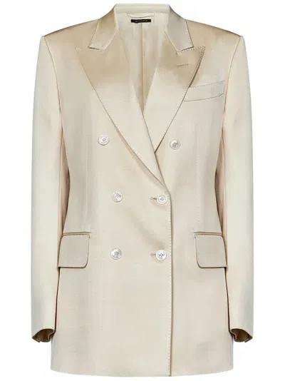 Tom Ford Double Breasted Satin Blazer In White