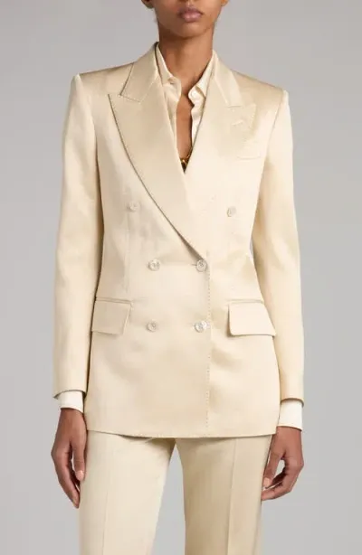 Tom Ford Double Breasted Silk & Wool Twill Blazer In Beige