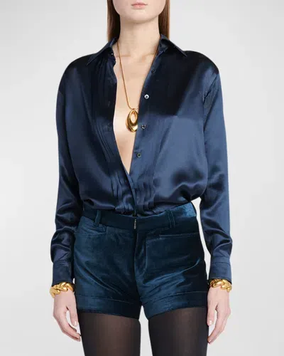 Tom Ford Fluid Charmeuse Pleated Silk Button-front Blouse In Navy Blue