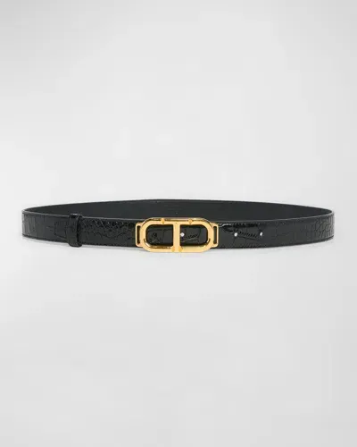 Tom Ford Glossy Croc-stamped Leather Skinny Belt In Black