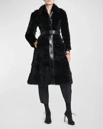 Tom Ford Glossy Leather-trim Belted Lamb Shearling Coat In Black