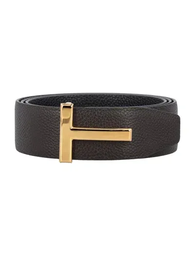 Tom Ford Grain Leather Icon Belt In Brown Black Gold T