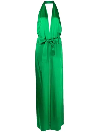 Tom Ford Halter V-neck Satin Jumpsuit In Green