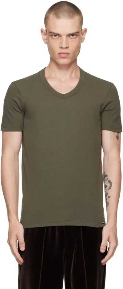 Tom Ford Khaki Cotton V-neck T-shirt In Military Green