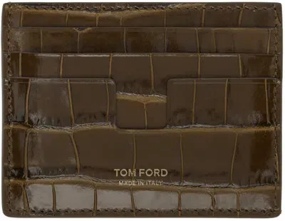 Tom Ford Shiny Croc Embossed Card Holder In Khaki