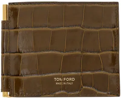 Tom Ford Khaki Shiny Croc T Line Money Clip Wallet