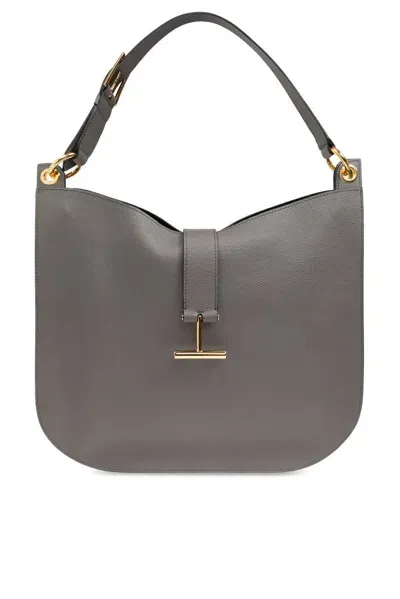 Tom Ford Large Tara Logo Plaque Shoulder Bag In Grey