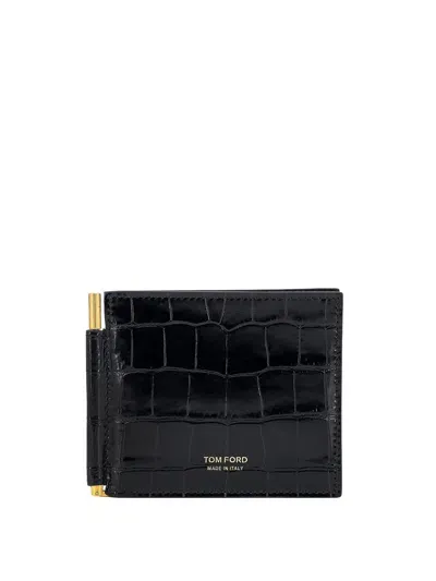 Tom Ford Leather Card Holder With Croco Print In Burgundy