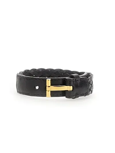 Tom Ford Logo Plaque Braided Bracelet In Black