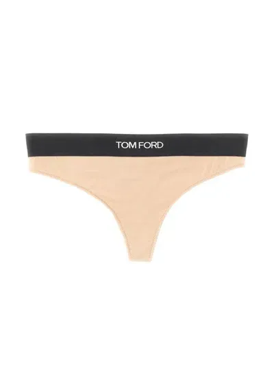 Tom Ford Logo Waistband Thong In Nude