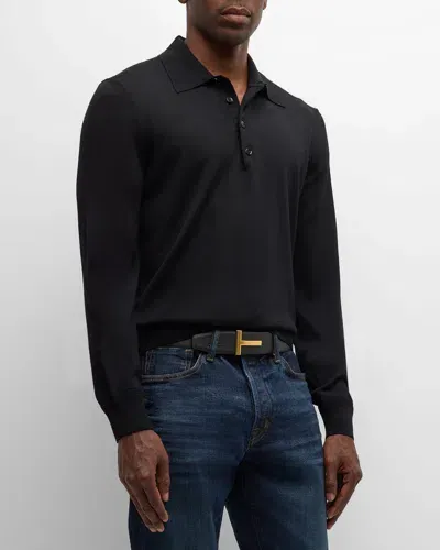 Tom Ford Men's Fine-gauge Wool Polo Sweater In Black