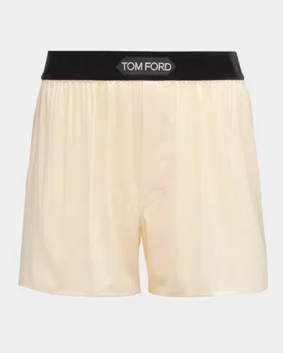 Tom Ford Men's Silk Jacquard Logo Boxers In Pearl