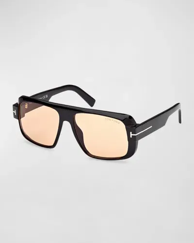 Tom Ford Men's Turner Acetate Rectangle Sunglasses In Black Photochromic Peach Lens