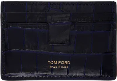 Tom Ford Navy Shiny Printed Croc T-line Card Holder In Royal Blue