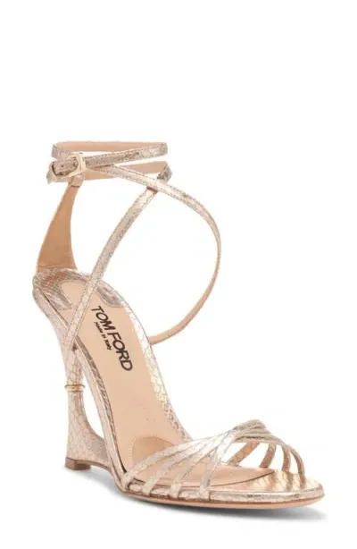 Tom Ford Paradis Strappy Snakeskin Embossed Metallic Leather Sandal In Champagne