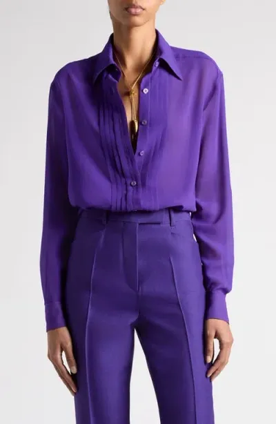 Tom Ford Pleated Silk Georgette Button-up Shirt In Purple