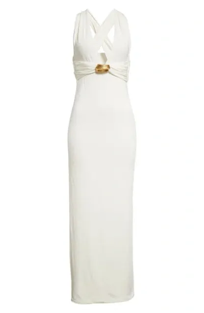 Tom Ford Plunge Neck Stretch Sable Evening Gown In Pearl White