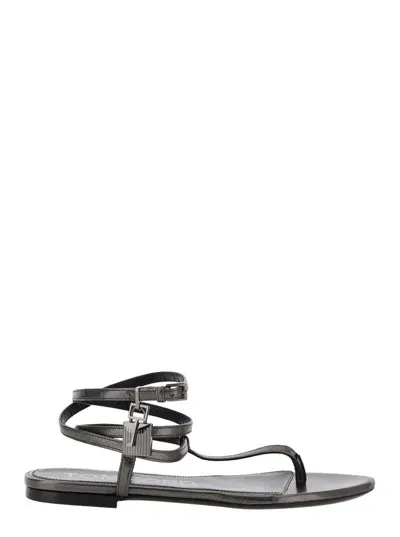 Tom Ford Padlock Laminated-leather Flat Sandals In Grey