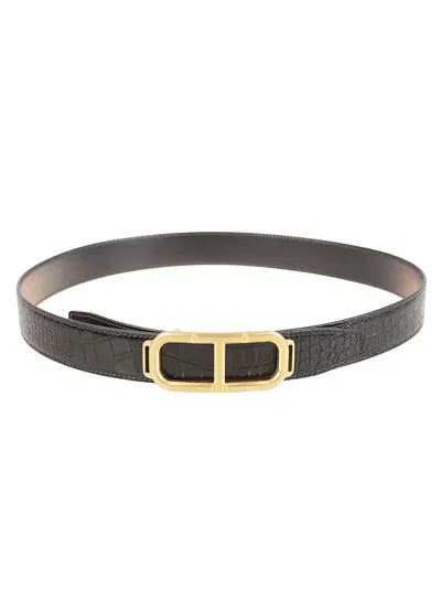 Tom Ford Shiny Printed Croc Stadium Belt In Black