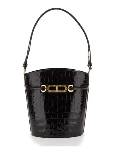 Tom Ford Shiny Stamped Croc Medium Bucket In Black