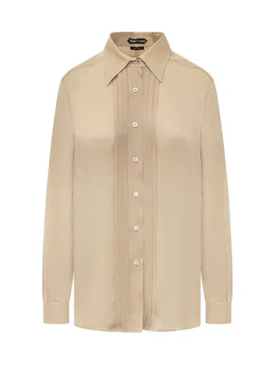 Tom Ford Silk Shirt With Pleated Detail In Beige