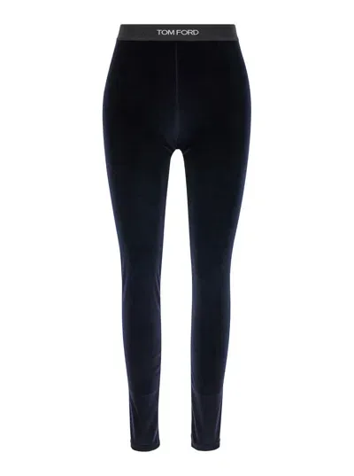 Tom Ford Stretch Lustrous Velour Signature Leggings In Blue