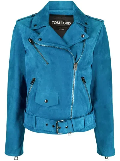 Tom Ford Suede Biker Jacket In Blue