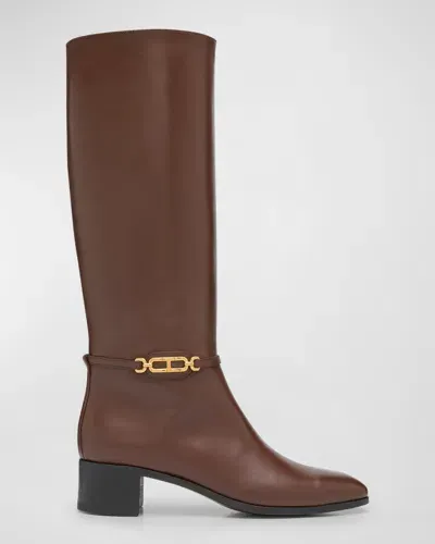 Tom Ford Whitney Leather Chain Knee Boots In Saddle Brown