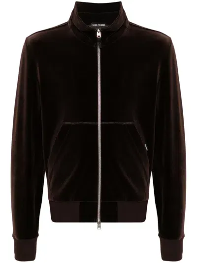 Tom Ford Velvet Zip-up Sweatshirt In Brown