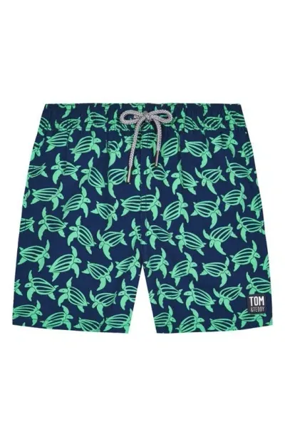 Tom & Teddy Kids' Turtle Print Swim Trunks In Navy Green