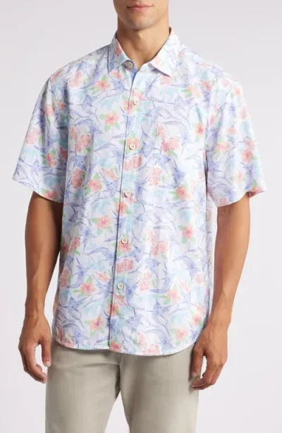 Tommy Bahama Coconut Point Marlin Mania Floral Islandzone® Short Sleeve Performance Button-up Shirt In White