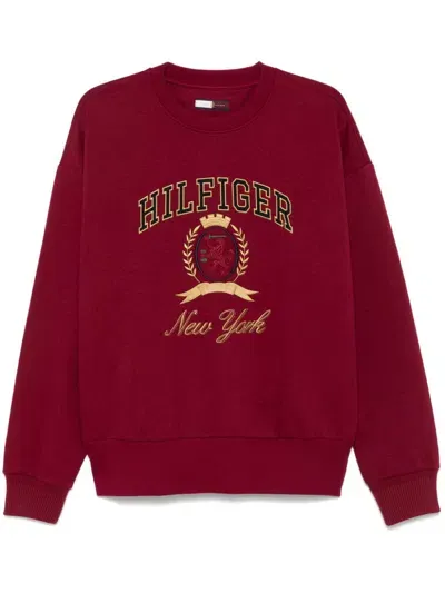 Tommy Hilfiger Crest-embroidered Crew-neck Sweatshirt In Red