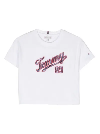 Tommy Hilfiger Junior Kids' Embellished Logo-print T-shirt In White