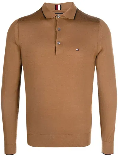 Tommy Hilfiger Logo-embroidered Polo-collar Sweatshirt In Brown