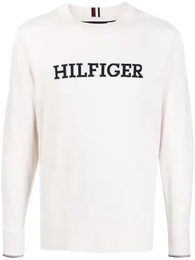 Tommy Hilfiger Logo Intarsia-knit Cotton Jumper In Neutrals