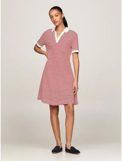 Tommy Hilfiger F&amp;f Open Placket Lyocell Womens Polo Dress In Breton Fierce Red/ecru