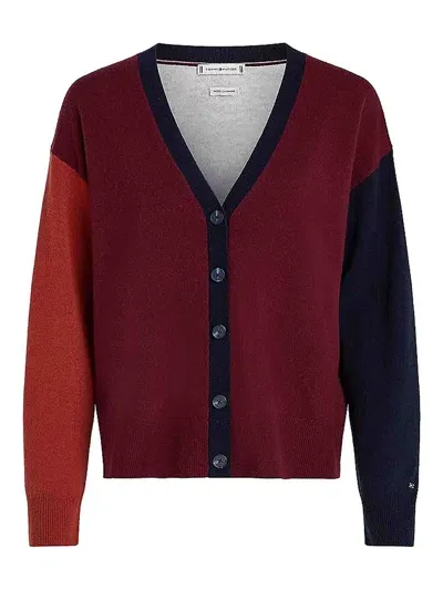 Tommy Hilfiger Wool Cash Col Block Cardigan In Red