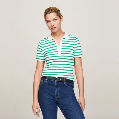 Tommy Hilfiger 1985 Regular Pique Stripe Womens Polo In Breton Ecru/olympic Green