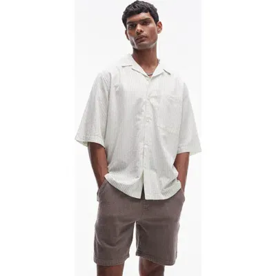 Topman Boxy Stripe Cotton Camp Shirt In Cream