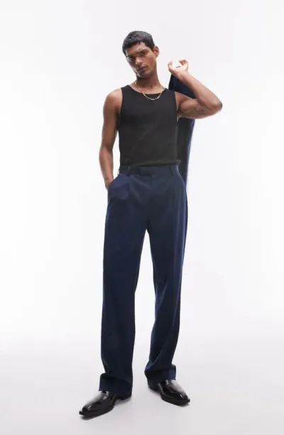 Topman High Waist Straight Leg Pants In Navy