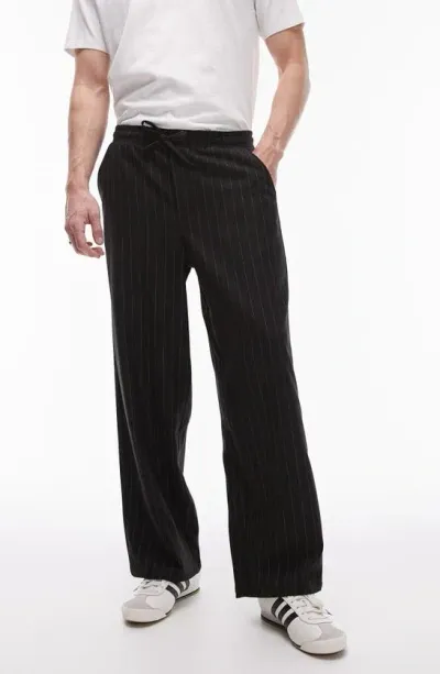 Topman Wide Leg Pinstripe Pants In Black