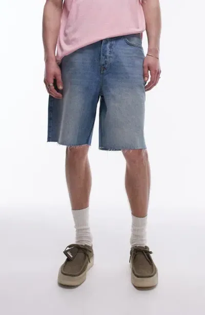 Topman Raw Hem Wide Leg Denim Shorts In Light Blue