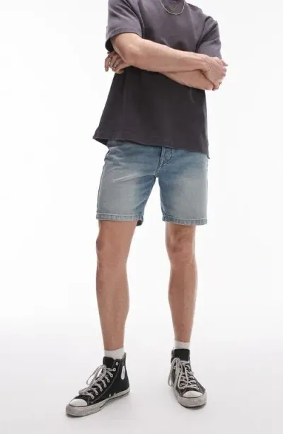 Topman Straight Leg Denim Shorts In Light Blue Wash